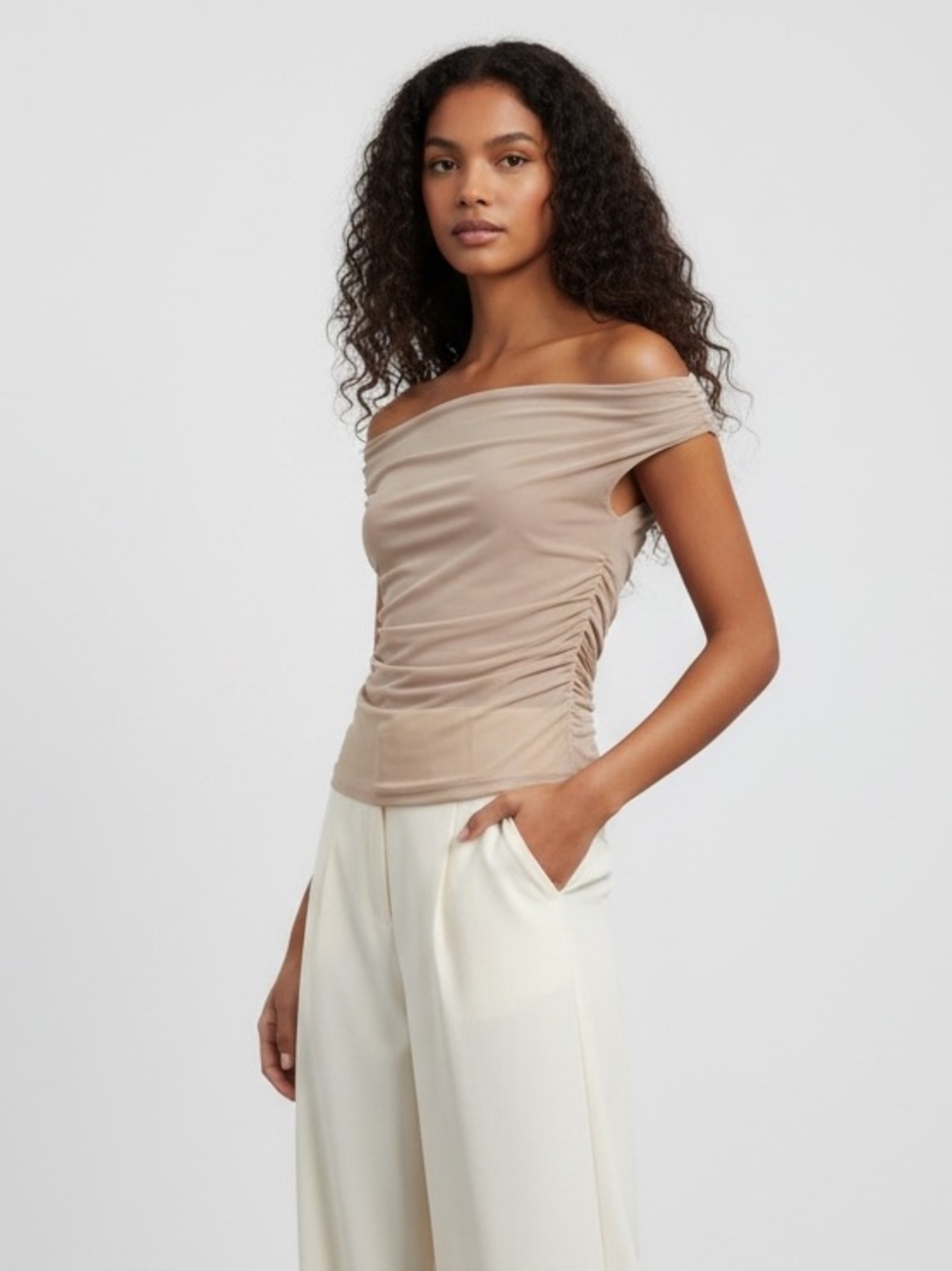 1313 • Taupe Cool Mesh Lined Ruched Off Shoulder Top